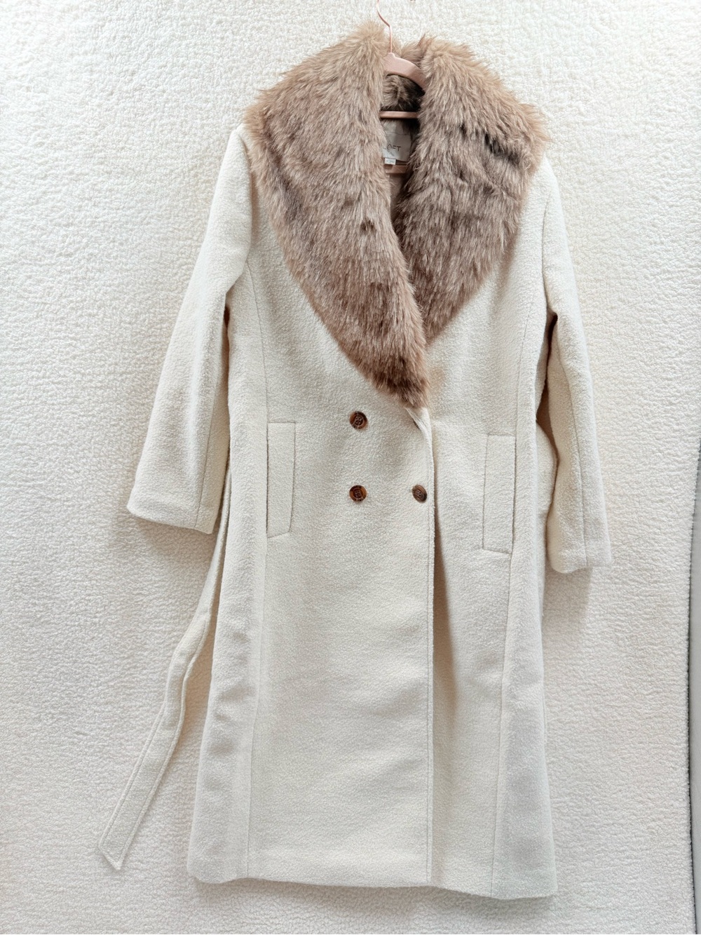 LOFT Cream Long Coat with faux fur Removable collar Wool blend Size M New